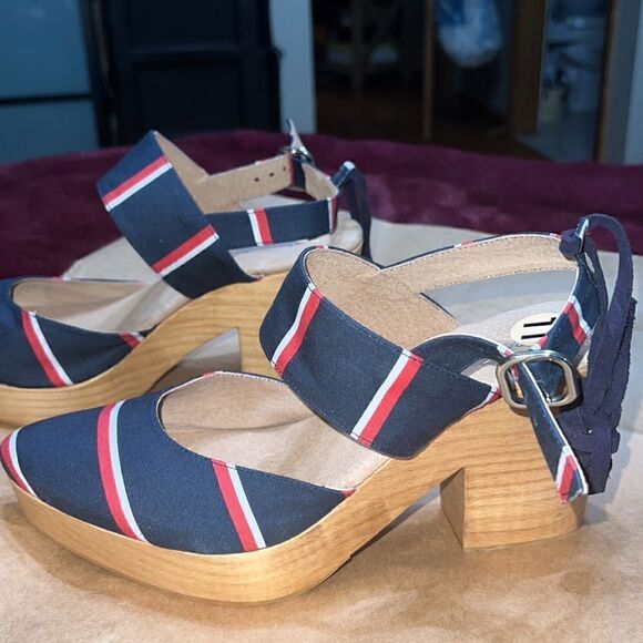 FREE PEOPLE MONOCO PLATFORM WOOD HEELED CLOGS NEW NAVY RED WHITE STRIPED EU 41 - Picture 2 of 7